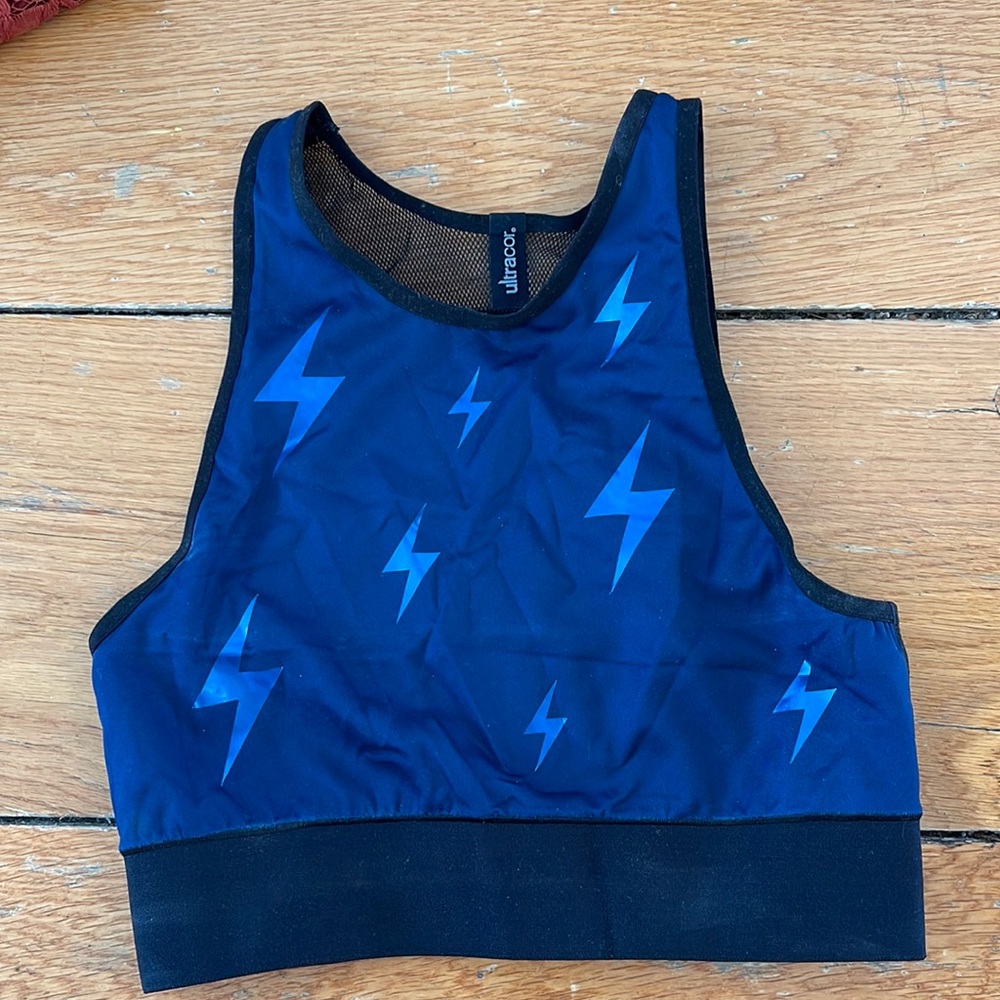 Ultra cor small workout sports bra crop top blue metallic lightening bolt mesh